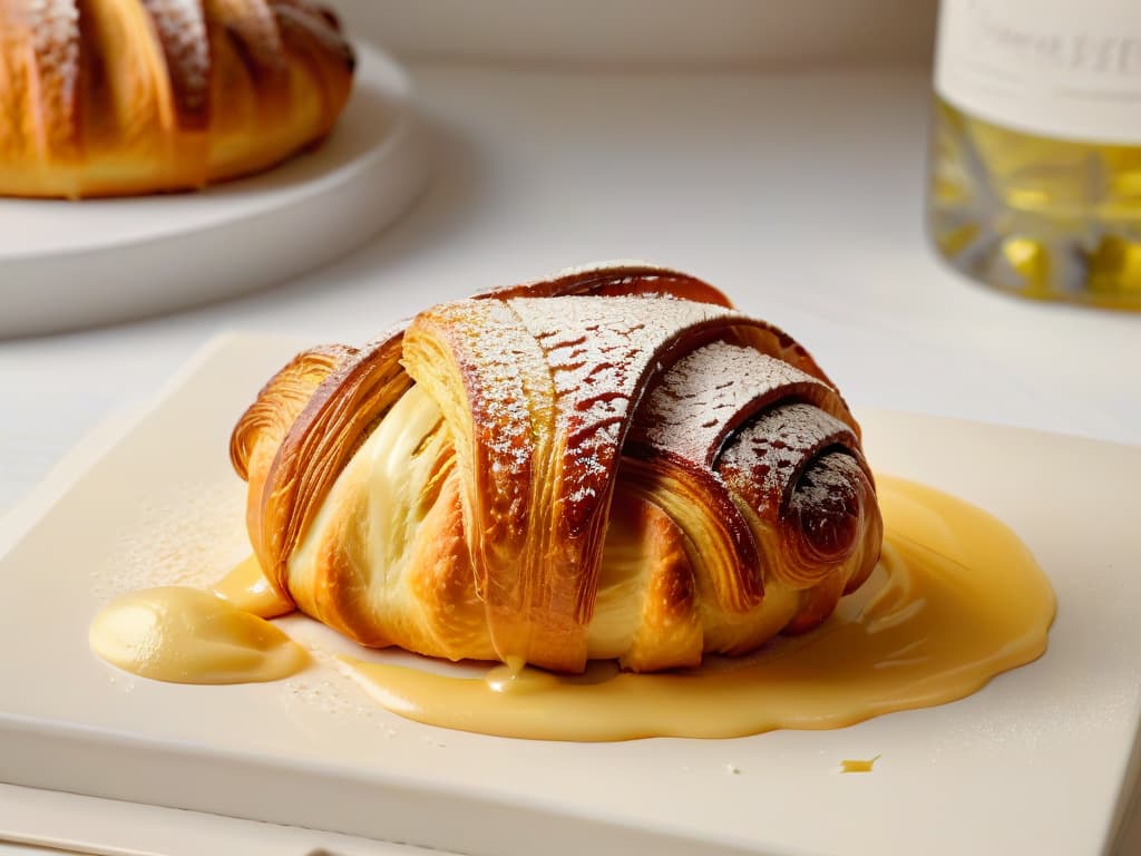  A closeup, ultradetailed image of a golden, flaky croissant being brushed with a glossy sheen of premium, highquality oil. The light catches the delicate layers of the pastry, showcasing its perfect texture and inviting golden color. The background is softly blurred to emphasize the intricate details of the pastry, creating a minimalist yet captivating composition that conveys a sense of culinary artistry and the use of toptier oils in baking. hyperrealistic, full body, detailed clothing, highly detailed, cinematic lighting, stunningly beautiful, intricate, sharp focus, f/1. 8, 85mm, (centered image composition), (professionally color graded), ((bright soft diffused light)), volumetric fog, trending on instagram, trending on tumblr, HDR 4K, 8K