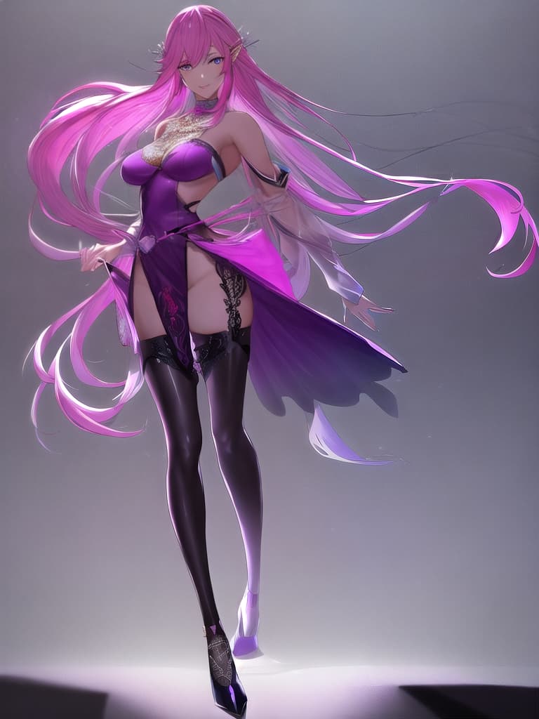  one anime female, Late twenties early thirties, moderately big , Light skin, Purple long hair and pink tips with gradient, s, small with on, shoulders and arms, Fat hips and big legs with continues legs, high black lace stockings, black High heels, Red painted fingernails, feet, full hd, no shine, bright eyes with a smile, ear piercing, black and s, one hand on her under above her s, standing upright, looking into the camera with the head a tilted hyperrealistic, full body, detailed clothing, highly detailed, cinematic lighting, stunningly beautiful, intricate, sharp focus, f/1. 8, 85mm, (centered image composition), (professionally color graded), ((bright soft diffused light)), volumetric fog, trending on instagram, trending on tumblr, HDR 4K, 8K