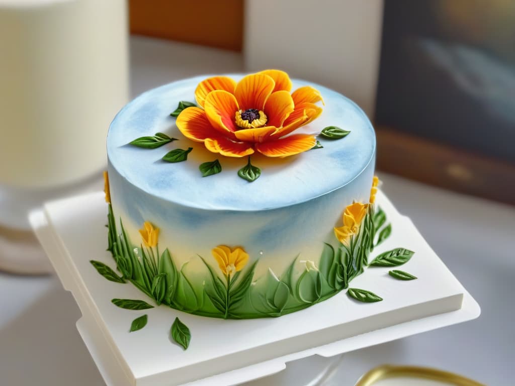  A photorealistic image of a delicate miniature wedding cake adorned with intricate edible painted details, showcasing meticulous brush strokes and vibrant colors on a small scale. The cake should be elegantly tiered with tiny edible flowers, gold accents, and ornate designs that highlight the artistry and craftsmanship of using edible paint in pastry decoration. hyperrealistic, full body, detailed clothing, highly detailed, cinematic lighting, stunningly beautiful, intricate, sharp focus, f/1. 8, 85mm, (centered image composition), (professionally color graded), ((bright soft diffused light)), volumetric fog, trending on instagram, trending on tumblr, HDR 4K, 8K