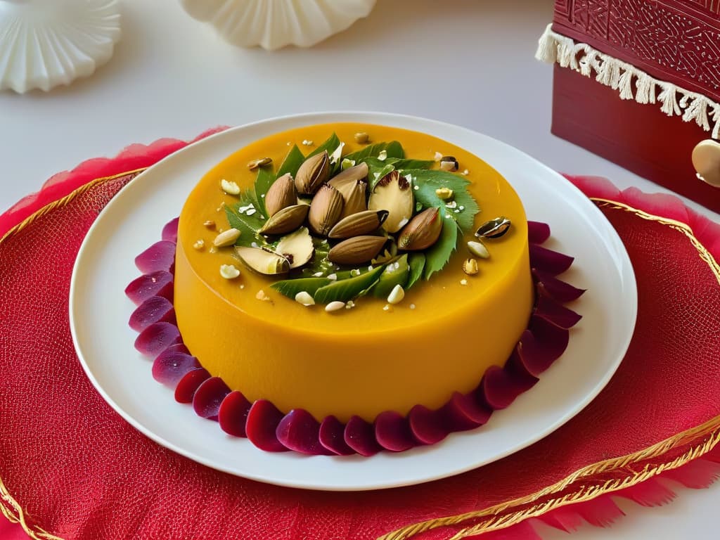  A photorealistic image of a vibrant and intricately designed plate of Halwa, showcasing the rich colors and textures of this Middle Eastern dessert. The dessert is elegantly garnished with pistachios, almonds, and rose petals, set against a backdrop of ornate Middle Eastern decor to evoke a sense of cultural authenticity and culinary artistry. hyperrealistic, full body, detailed clothing, highly detailed, cinematic lighting, stunningly beautiful, intricate, sharp focus, f/1. 8, 85mm, (centered image composition), (professionally color graded), ((bright soft diffused light)), volumetric fog, trending on instagram, trending on tumblr, HDR 4K, 8K