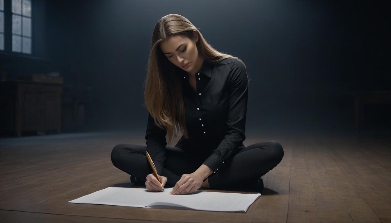  A girl with long hair in a black shirt is writing dots on a piece of paper sitting on the floor. hyperrealistic, full body, detailed clothing, highly detailed, cinematic lighting, stunningly beautiful, intricate, sharp focus, f/1. 8, 85mm, (centered image composition), (professionally color graded), ((bright soft diffused light)), volumetric fog, trending on instagram, trending on tumblr, HDR 4K, 8K