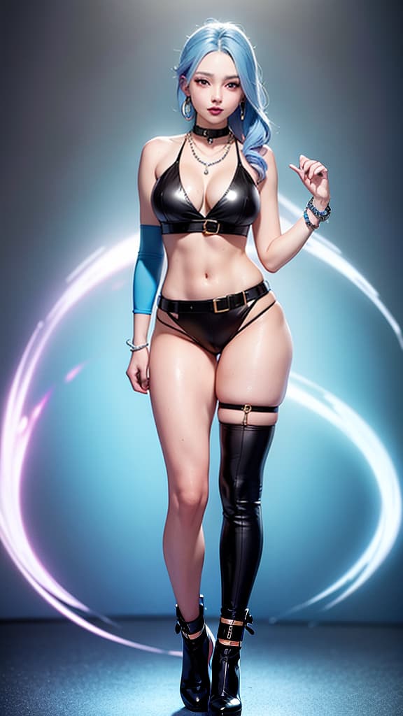  jinx, Draw a light on a blue, faced k-pop , (masterpiece:1.2),hi-res,4k,extremely delicate and beautiful art,pastel color,jinx_/(league of legends/), pink eyes, blue hair, [twin ids] full body,standing, portrait, DB_Android_18, a woman, jewelry, blond hair, earrings, blue eyes, belt, necklace, blue , black fingerless gloves, white shirt, vest, hoop earrings, short sleeves, celet, pearl necklace, black belt, belt buckle,