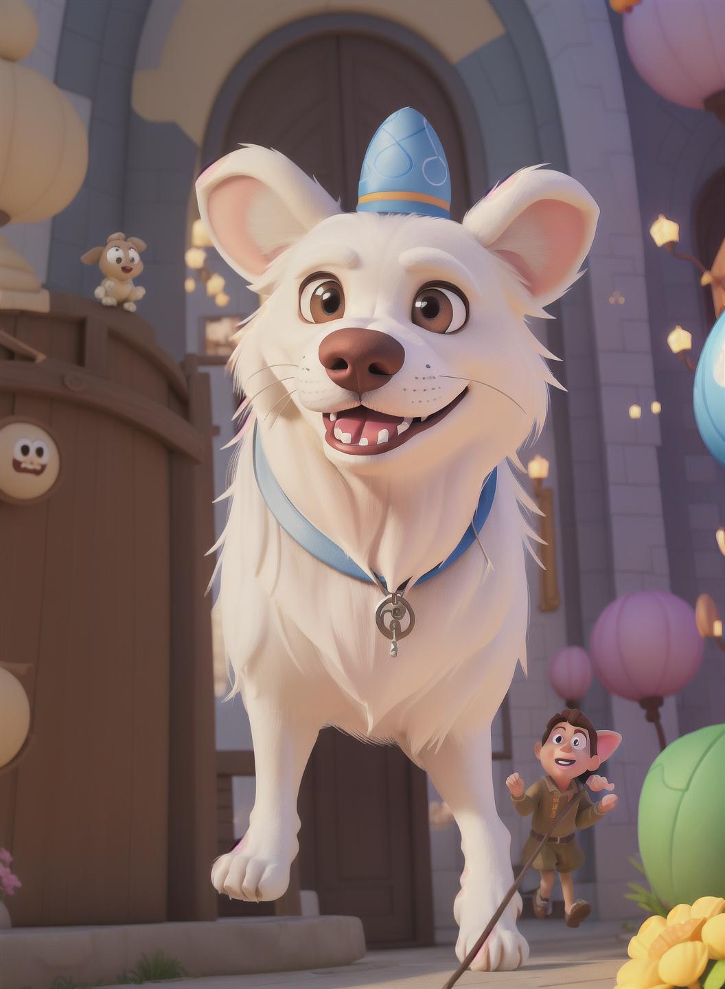  masterpiece, best quality, A Disney Pixar-inspired movie poster with the
title of “Fufu”,in the imagea A white dog with standing ears and fried fur, a dog with double eyelids and a mole on its nose, a dog loves  ing and running.The background of image is
a Disney castle with colourful flowers.The scene should be
in a distinct digital art style of Pixar, with a focus on character expressions, vibrant colors and detailed textures that are characteristic of their animation.
