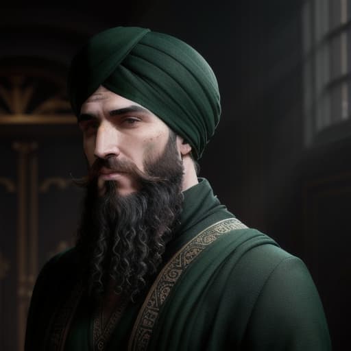  A quarter height man, thin skin, curly hair, long tidy beard, has a large green turban with a green cap over it along the body , has big black pupils, has a red mark on his cheek, and a red mark on his body, with a dark nose, good voice, and a flat head standing alone with love smile hyperrealistic, full body, detailed clothing, highly detailed, cinematic lighting, stunningly beautiful, intricate, sharp focus, f/1. 8, 85mm, (centered image composition), (professionally color graded), ((bright soft diffused light)), volumetric fog, trending on instagram, trending on tumblr, HDR 4K, 8K