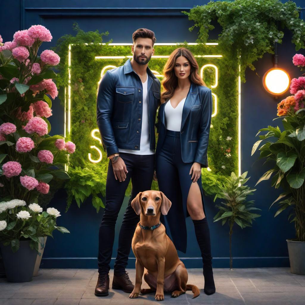  Against the backdrop of a navy blue wall with the glowing white neon sign 'FurryPawz', there are two figures: a stunningly beautiful woman and a man. They are accompanied by a charming dachshund dog. The scene is enriched by a lush display of greenery and multicolored flowers, offering a vibrant contrast to the urban chic of the neon light. The woman and man are stylishly dressed and pose casually, reflecting a comfortable relationship with their pet. The overall ambiance of the picture should combine urban elements with the beauty of nature. hyperrealistic, full body, detailed clothing, highly detailed, cinematic lighting, stunningly beautiful, intricate, sharp focus, f/1. 8, 85mm, (centered image composition), (professionally color graded), ((bright soft diffused light)), volumetric fog, trending on instagram, trending on tumblr, HDR 4K, 8K