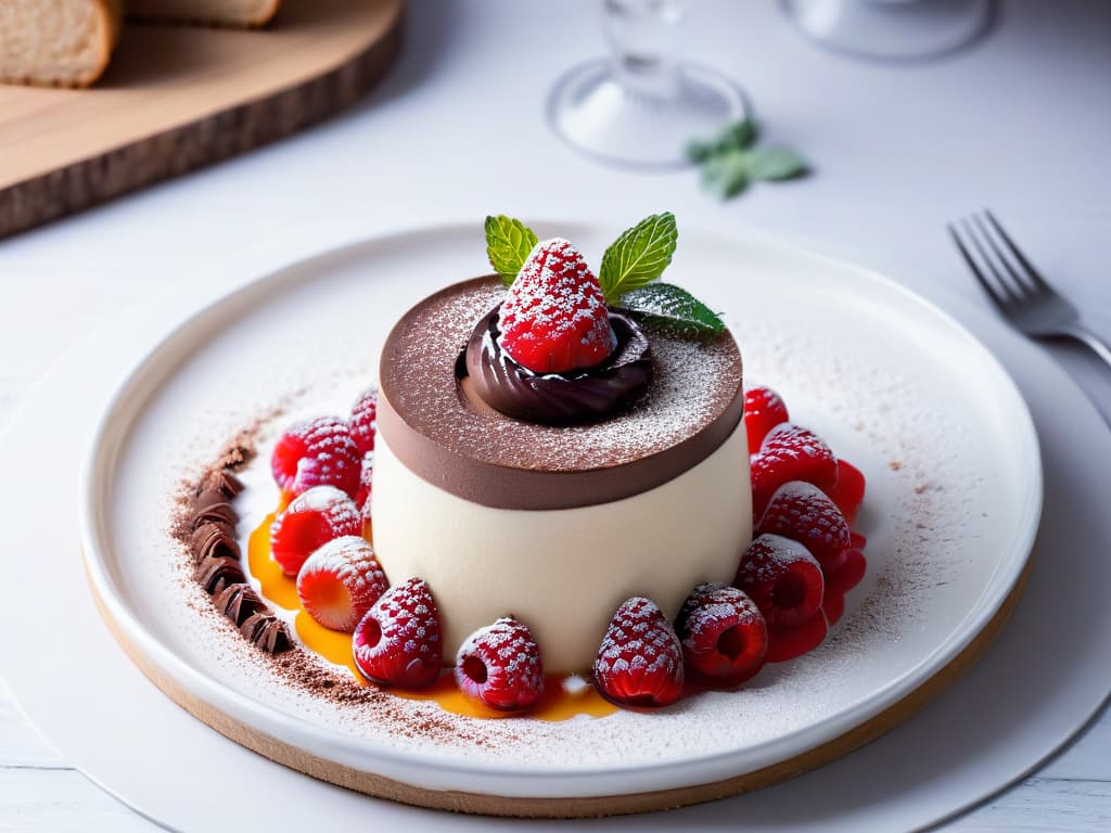  An ultradetailed, 8k resolution image of a delicate, perfectly sculpted mousse dessert resting on a sleek, modern plate. The mousse is adorned with a sprinkle of cocoa powder, a single fresh raspberry, and a mint leaf delicately placed on top. The vibrant colors of the raspberry and mint contrast beautifully with the smooth, creamy texture of the mousse, creating a visually stunning and appetizing scene. The plate sits on a simple, elegant table setting, with soft, diffused lighting highlighting the textures and details of the dessert. hyperrealistic, full body, detailed clothing, highly detailed, cinematic lighting, stunningly beautiful, intricate, sharp focus, f/1. 8, 85mm, (centered image composition), (professionally color graded), ((bright soft diffused light)), volumetric fog, trending on instagram, trending on tumblr, HDR 4K, 8K