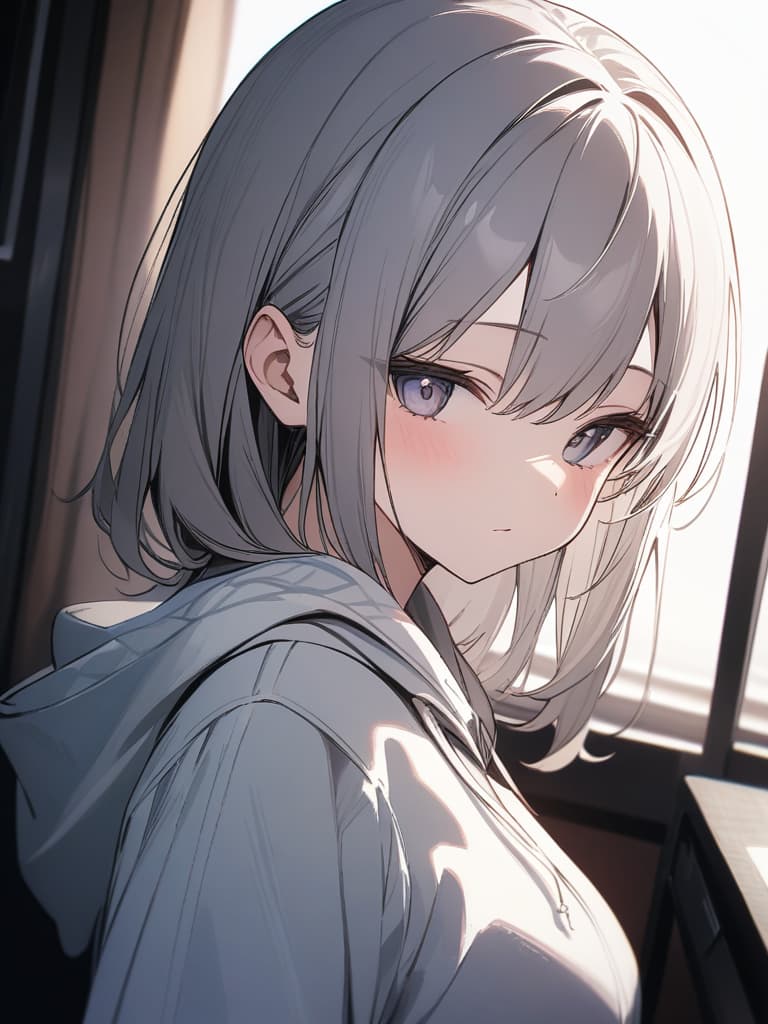  Gray hair, bob, hoodie, girl, high school student, masterpiece, best quality,8k,ultra detailed,high resolution,an extremely delicate and beautiful,hyper detail