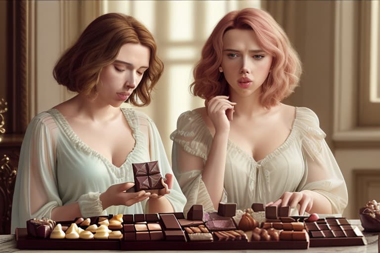  Attractive happy Scarlett Johansson (transparent light colored loose fitting dress)(pink cheeks)(Baroque lighting)(Superrealism)(painted in the style of Édouard Manet)(Foreground: open box of fine dark chocolates on a small serving table)