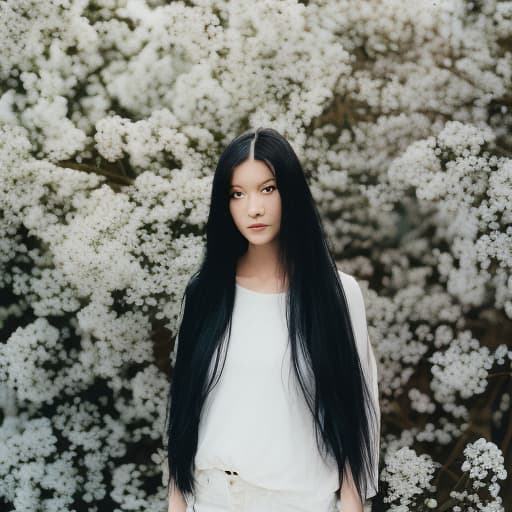 analog style A woman with long black hair and white top posing for a picture