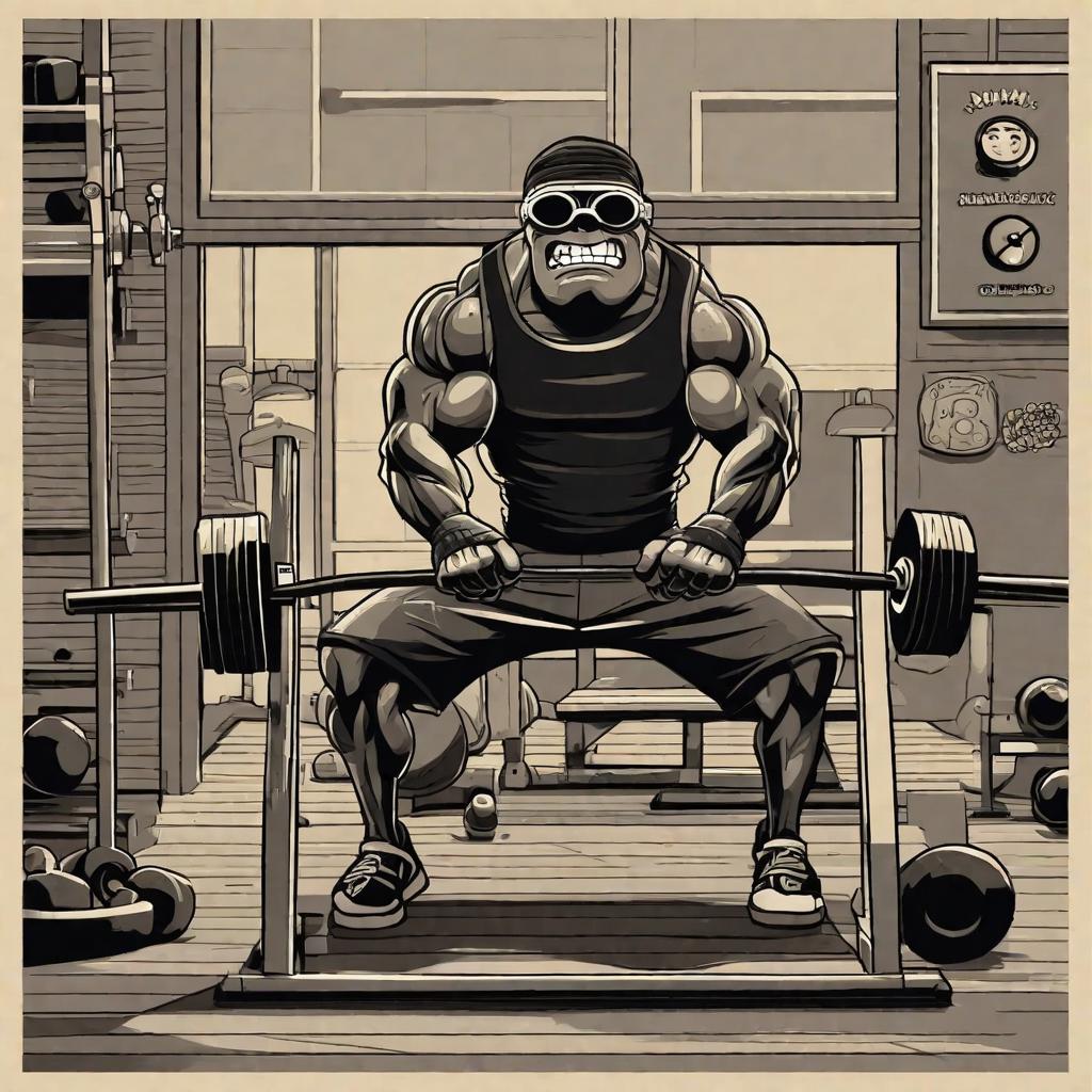  masterpiece, best quality, A muscular minion with goggles, wearing a black "PERMA GOON" t-shirt, smoking a cigarette in a gym setting with weights and equipment in the background