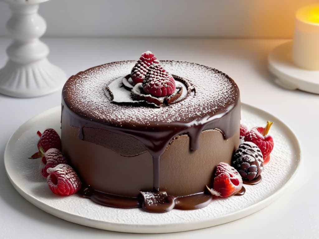  A closeup, ultradetailed image of a decadent chocolate lava cake with a glossy ganache glaze, topped with a delicate edible gold leaf, served on a pristine white plate. The cake is perfectly molten in the center, oozing rich chocolate, with a sprinkling of vibrant red raspberries and a dusting of powdered sugar for contrast. The minimalist presentation highlights the intricate textures and luxurious elements of the dessert, embodying the essence of highend culinary artistry. hyperrealistic, full body, detailed clothing, highly detailed, cinematic lighting, stunningly beautiful, intricate, sharp focus, f/1. 8, 85mm, (centered image composition), (professionally color graded), ((bright soft diffused light)), volumetric fog, trending on instagram, trending on tumblr, HDR 4K, 8K