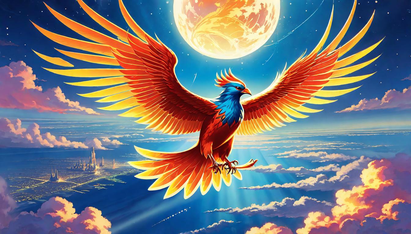  retro futuristic Phoenix soaring above the earth, dawn breaking below; symbol of rebirth and new beginnings; digital art showing a majestic bird in flight with the world illuminated by the first light of dawn lvintage sci fi, 50s and 60s style, atomic age, vibrant, highly detailed