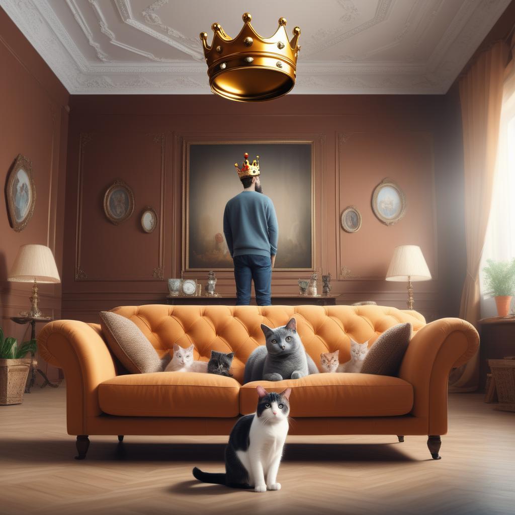  big room a man with a bag of pet food stands in the center of the room and looks at a cat sitting on a sofa with a crown on his head, photograph, irakli Nadar, shutterstock, digital art, ultra-realistic octagonal photo in 8k format, cute, beautiful photo, friends, bugs Portrait of a cat, image generated by artificial intelligence, with a kind face, amazing illustrations