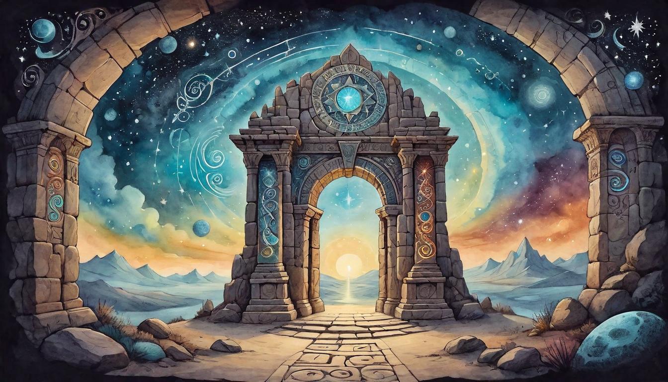  on parchment, surrealism+++, A mystical portal with swirling, multi colored energy, ancient stone archway adorned with runes, night sky full of stars, ethereal glow, enigmatic, otherworldly(mysterious, provocative, symbolic,muted color)+++