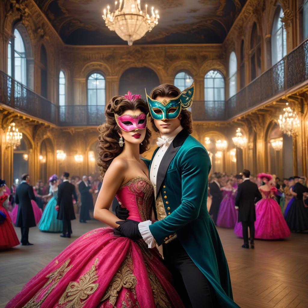  Carnival in Venice. a beautiful young woman in a ball gown, in a bright ((carnival mask)), luxurious thick wavy brown hair. in a 19th century ballroom full of other high society dancers, wearing ((carnival masks)), dances with a handsome young man with dark hair, wearing a colorful ((carnival mask)) hyperrealistic, full body, detailed clothing, highly detailed, cinematic lighting, stunningly beautiful, intricate, sharp focus, f/1. 8, 85mm, (centered image composition), (professionally color graded), ((bright soft diffused light)), volumetric fog, trending on instagram, trending on tumblr, HDR 4K, 8K