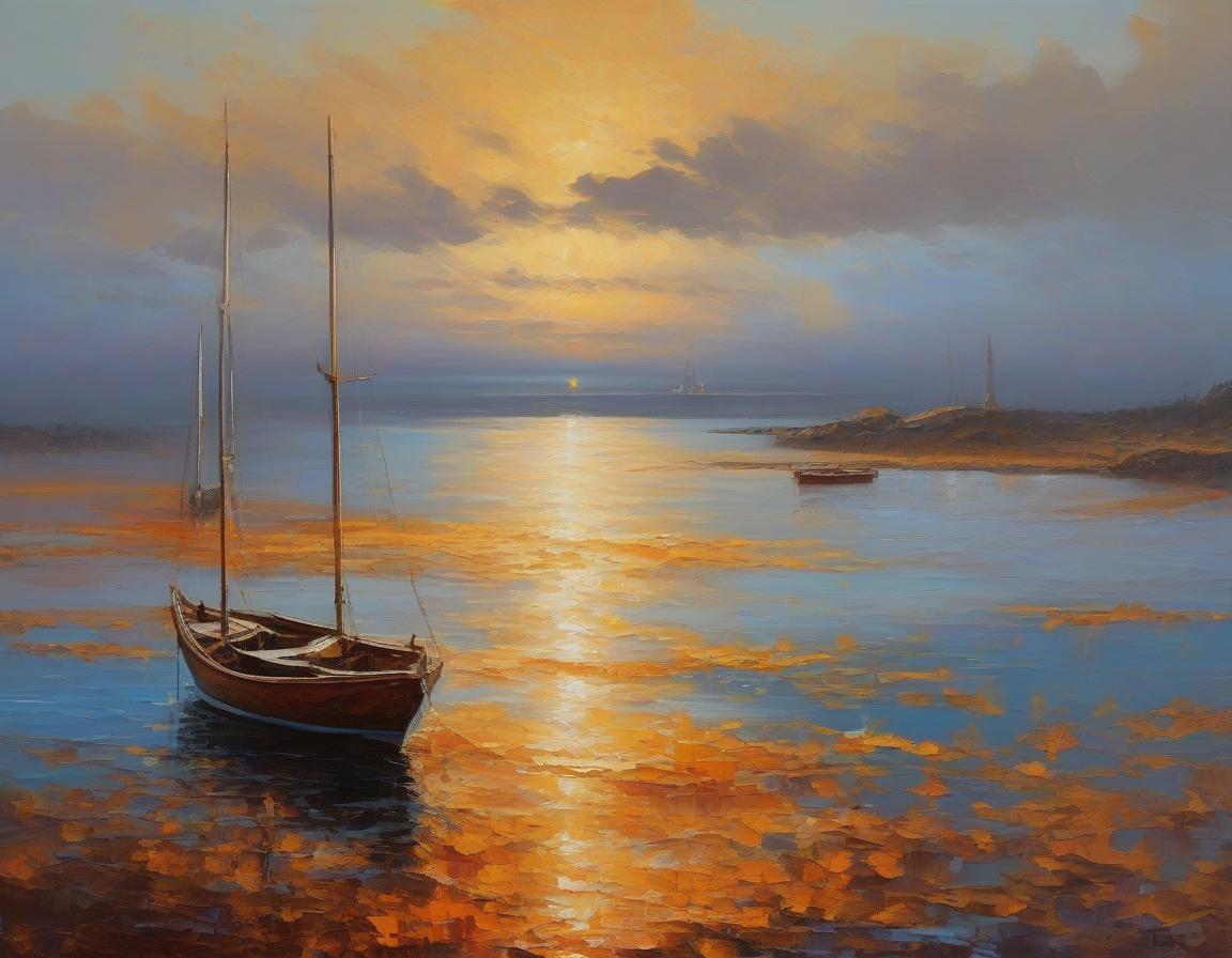  The breathtaking yellow orange gold oil painting on the left, made with a palette knife, large horizontal lines of color, textured strokes, which depicts a sky without clouds, a dark brown boat without a mast floating in the distance, a calm golden sea, the sea floating on the boundless ocean creates a feeling of tranquility. The overall atmosphere in the picture is mysterious and awe inspiring, photo 0 is orange and gold . Colors: blue, sea wave, orange, light blue, beige, white, brown. blue gold red sky without clouds, orange, beige pink, blue purple boat on the left yellow orange gold oil painting hyperrealistic, full body, detailed clothing, highly detailed, cinematic lighting, stunningly beautiful, intricate, sharp focus, f/1. 8, 85mm, (centered image composition), (professionally color graded), ((bright soft diffused light)), volumetric fog, trending on instagram, trending on tumblr, HDR 4K, 8K