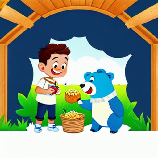  a boy with short hair and white shirt with blu jeans is standing, and a bear is sitting and eating honey, in the cabin