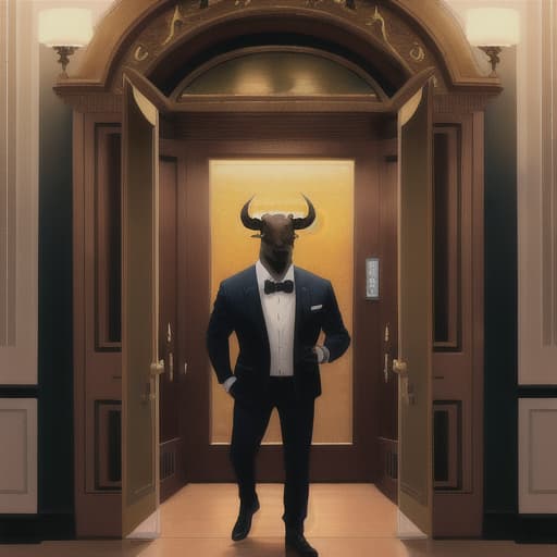  bull headed minotaur standing upright opening a fancy casino door
