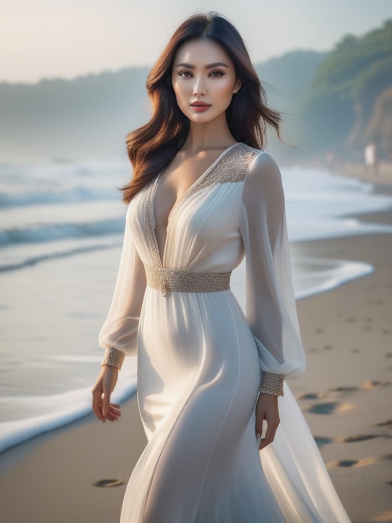  half body portrait,Young and Beautiful Asian girl in summer beach white casual dress happy relax walking on beach near sea when sunrise in morning, cinematic lighting, stunningly beautiful, intricate, sharp focus, f/1. 8, 85mm, (professionally color graded), ((bright soft diffused light)), volumetric fog, trending on instagram, trending on tumblr, HDR 4K, 8K hyperrealistic, full body, detailed clothing, highly detailed, cinematic lighting, stunningly beautiful, intricate, sharp focus, f/1. 8, 85mm, (centered image composition), (professionally color graded), ((bright soft diffused light)), volumetric fog, trending on instagram, trending on tumblr, HDR 4K, 8K