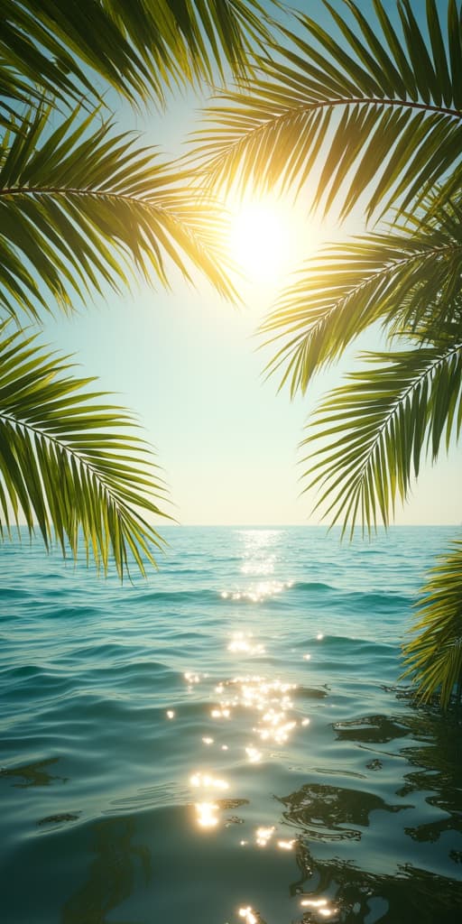  good quality, high quality, palm leaves highlighted by sunshine over ocean horizon