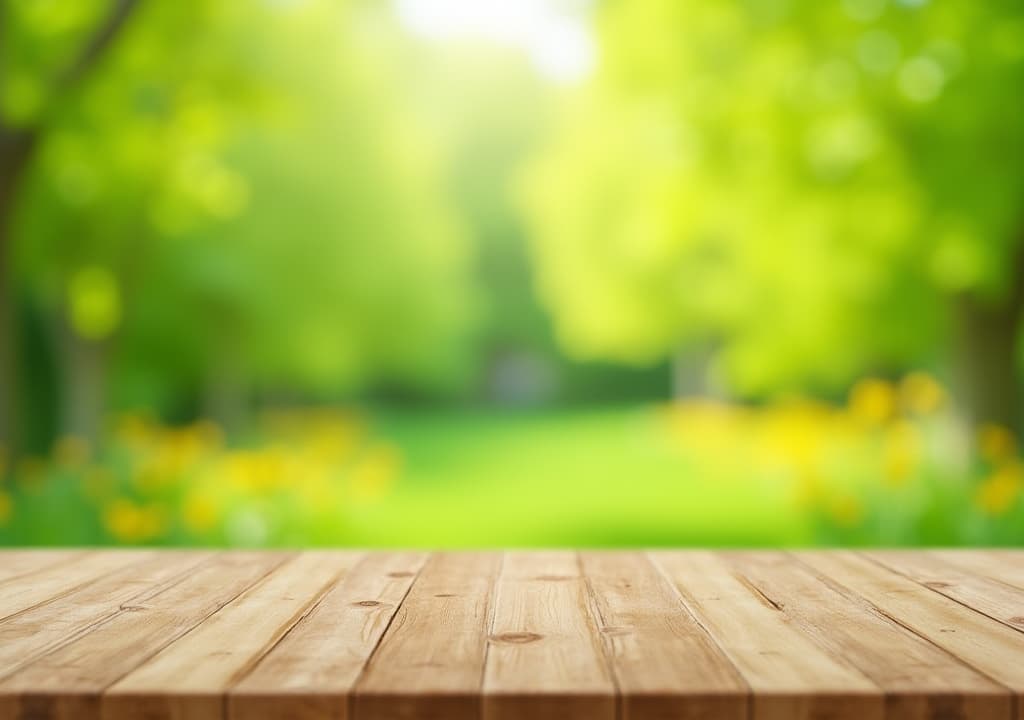  good quality, high quality, wooden tabletop with blurred garden background of green trees and yellow flowers