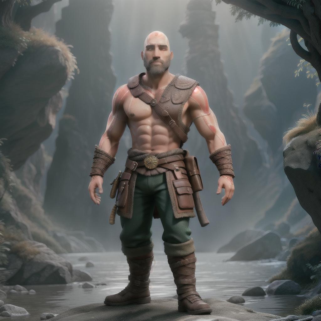  God of war hyperrealistic, full body, detailed clothing, highly detailed, cinematic lighting, stunningly beautiful, intricate, sharp focus, f/1. 8, 85mm, (centered image composition), (professionally color graded), ((bright soft diffused light)), volumetric fog, trending on instagram, trending on tumblr, HDR 4K, 8K