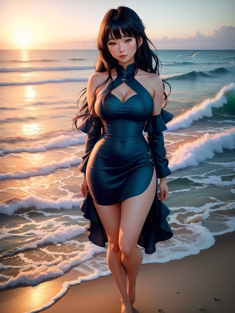  An cute and anime wearing blue china dress, black mid length hair with bangs, bare shoulders, bare arms, exudes feminine charm, greeny eyes with attractive lashes, full subtle mauve lipstick, large s covered by curved fit dress, blush, expression on face Background:serene beach at sunrise, soft golden sunlight reflecting on gentle waves, clear blue sky with light clouds, seashells scattered along the sandy shore, tranquil ocean horizon, seagulls in the distance, peaceful, pristine natural setting, soft foam on the edge of the waves, warm and inviting atmosphere, undisturbed shoreline. hyperrealistic, full body, detailed clothing, highly detailed, cinematic lighting, stunningly beautiful, intricate, sharp focus, f/1. 8, 85mm, (centered image composition), (professionally color graded), ((bright soft diffused light)), volumetric fog, trending on instagram, trending on tumblr, HDR 4K, 8K