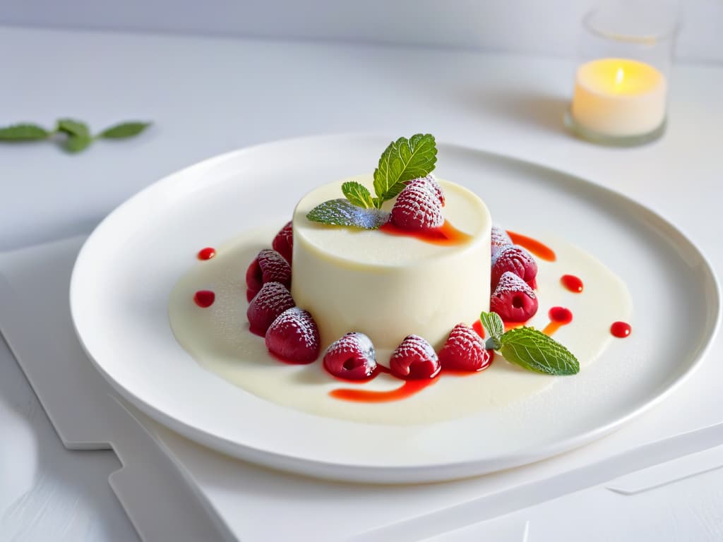  A highresolution, ultradetailed image of a glossy, perfectly set panna cotta dessert in a sleek, modern white dish, adorned with a vibrant raspberry coulis drizzle and delicate mint leaves on a marble countertop. The smooth texture of the dessert reflects the soft lighting in the minimalist kitchen setting, creating a visually striking and appetizing composition. hyperrealistic, full body, detailed clothing, highly detailed, cinematic lighting, stunningly beautiful, intricate, sharp focus, f/1. 8, 85mm, (centered image composition), (professionally color graded), ((bright soft diffused light)), volumetric fog, trending on instagram, trending on tumblr, HDR 4K, 8K