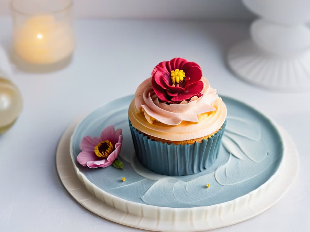  A serene and minimalistic image of a beautifully decorated cupcake placed on a delicate porcelain plate, surrounded by soft pastelcolored flowers. The cupcake is intricately frosted with a swirl of pastel pink buttercream topped with a delicate edible flower. The background is a soft focus to enhance the elegance and simplicity of the cupcake, creating a visually appealing and calming image that perfectly complements the theme of mindfulness and pastry artistry. hyperrealistic, full body, detailed clothing, highly detailed, cinematic lighting, stunningly beautiful, intricate, sharp focus, f/1. 8, 85mm, (centered image composition), (professionally color graded), ((bright soft diffused light)), volumetric fog, trending on instagram, trending on tumblr, HDR 4K, 8K