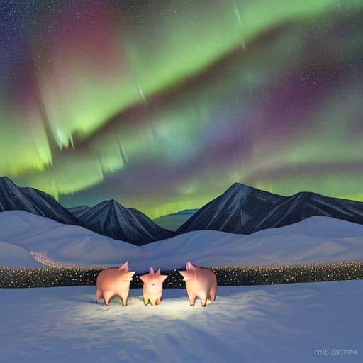  Two lovely pigs, standing on the lawn of the mountain top, in front of the continuous mountains, looking up is the bright Milky Way, under the vast starry sky there are dazzling aurora.