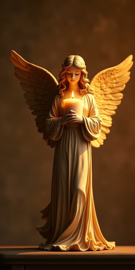  good quality, high quality, a golden angel holding a candle, standing on a mantel with warm natural lighting. focus on the angelas detailed features. no people