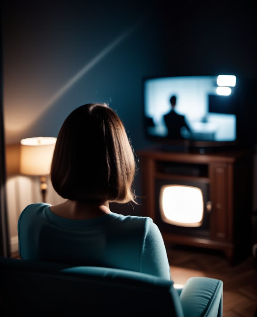  cinematic film still A maniac in a dark room on a chair watching TV on which interference. View from the back of the head. There is a floor lamp next to the TV. . shallow depth of field, vignette, highly detailed, high budget, bokeh, cinemascope, moody, epic, gorgeous, film grain, grainy