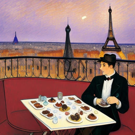  attractive young Parisian couple dressed in modern designer outfits who are romantically together in Paris. Foreground a small plate of fine dark chocolates on a bedside table. Background dusk with a lite Eiffel Tour Monument. Painting style of Henri de Toulouse-Lautrec