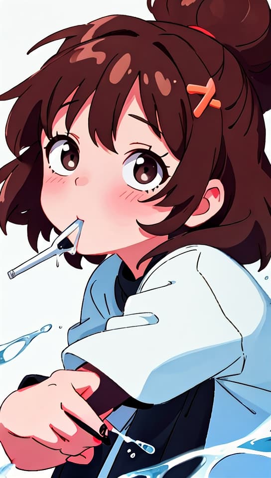  young brown haired ing a verpa while her mouth is full of white sticky liquids looking at the viewer with black nailpolish, (anime:1.15), HQ, Hightly detailed, 4k