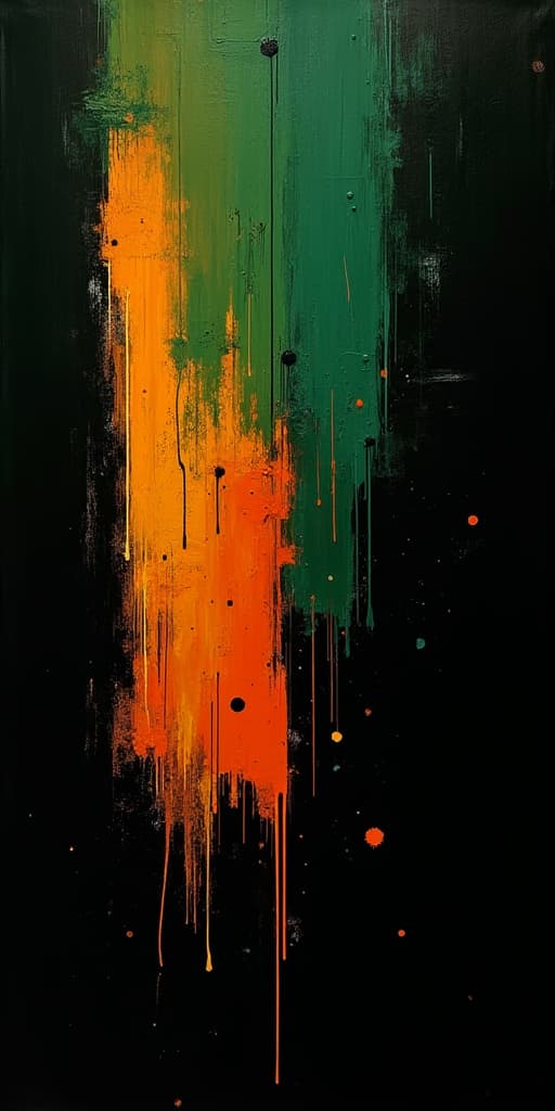  good quality, high quality, abstract grunge brushed strokes, green and orange over black