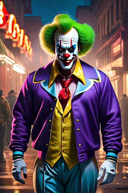  Gangster clown drawing hyperrealistic, full body, detailed clothing, highly detailed, cinematic lighting, stunningly beautiful, intricate, sharp focus, f/1. 8, 85mm, (centered image composition), (professionally color graded), ((bright soft diffused light)), volumetric fog, trending on instagram, trending on tumblr, HDR 4K, 8K