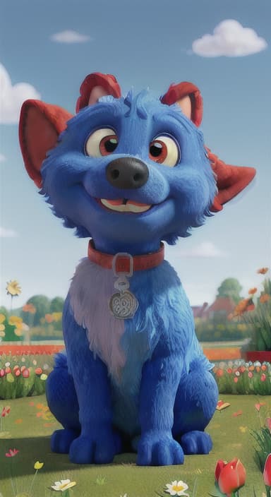  {The red ball nestled in a bed of colorful flowers like daisies and tulips, The big blue dog is large with sky blue fur, big round eyes, a black nose, and floppy ears.