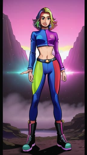  rave goddess, multicolored leaather jumpsuit, crop top, psychedelic, boots, Comic art, high quality, highly detailed, intricate, sharp focus, (centered image composition), (professionally color graded), ((western omit style)), volumetric fog, trending on instagram, HDR 4K, 8K