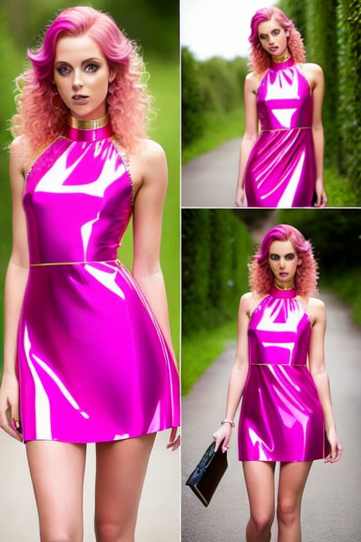 modelshoot style A amber haired youngest b  in a shiny translucent pink  mini dress