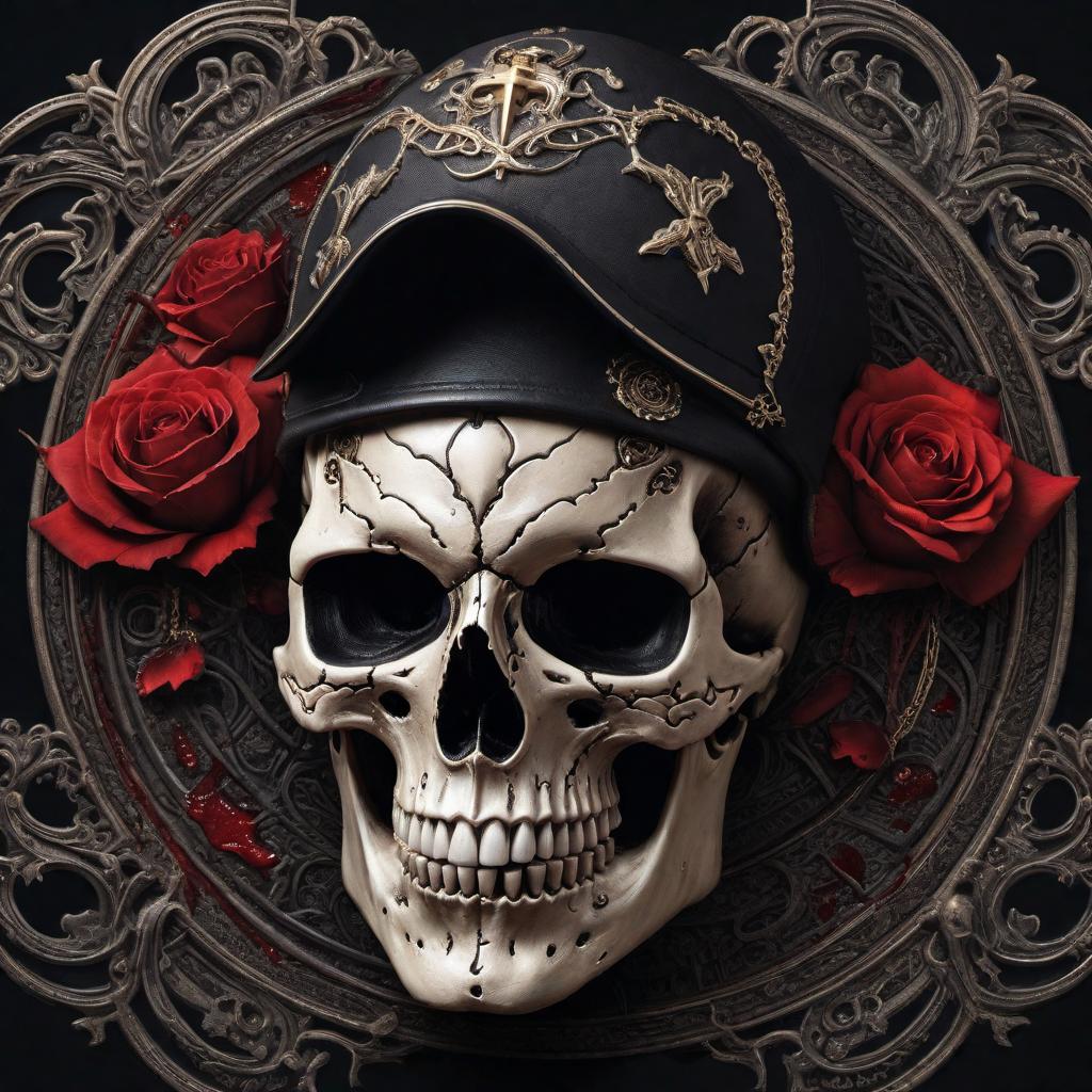  A graphic design for merchandise featuring a skull with half face as a skull and the other half as a regular face. The skull side has intricate details such as cracks and haunting hollow eyes, while the regular face has realistic features with blood tears running down. The image should evoke a sense of duality, illustrating a theme of 'my blessed curse' or 'my cursed blessing.' The design should be edgy, dark, and detailed, suitable for printing on t-shirts and other merch. hyperrealistic, full body, detailed clothing, highly detailed, cinematic lighting, stunningly beautiful, intricate, sharp focus, f/1. 8, 85mm, (centered image composition), (professionally color graded), ((bright soft diffused light)), volumetric fog, trending on instagram, trending on tumblr, HDR 4K, 8K