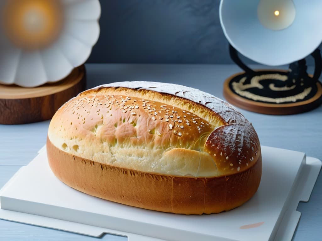  A closeup, ultradetailed image of a perfectly risen sourdough loaf, showcasing intricate patterns on the crust with a minimalistic background of a simple white table, emphasizing the artistry and precision of fermentation in baking. hyperrealistic, full body, detailed clothing, highly detailed, cinematic lighting, stunningly beautiful, intricate, sharp focus, f/1. 8, 85mm, (centered image composition), (professionally color graded), ((bright soft diffused light)), volumetric fog, trending on instagram, trending on tumblr, HDR 4K, 8K