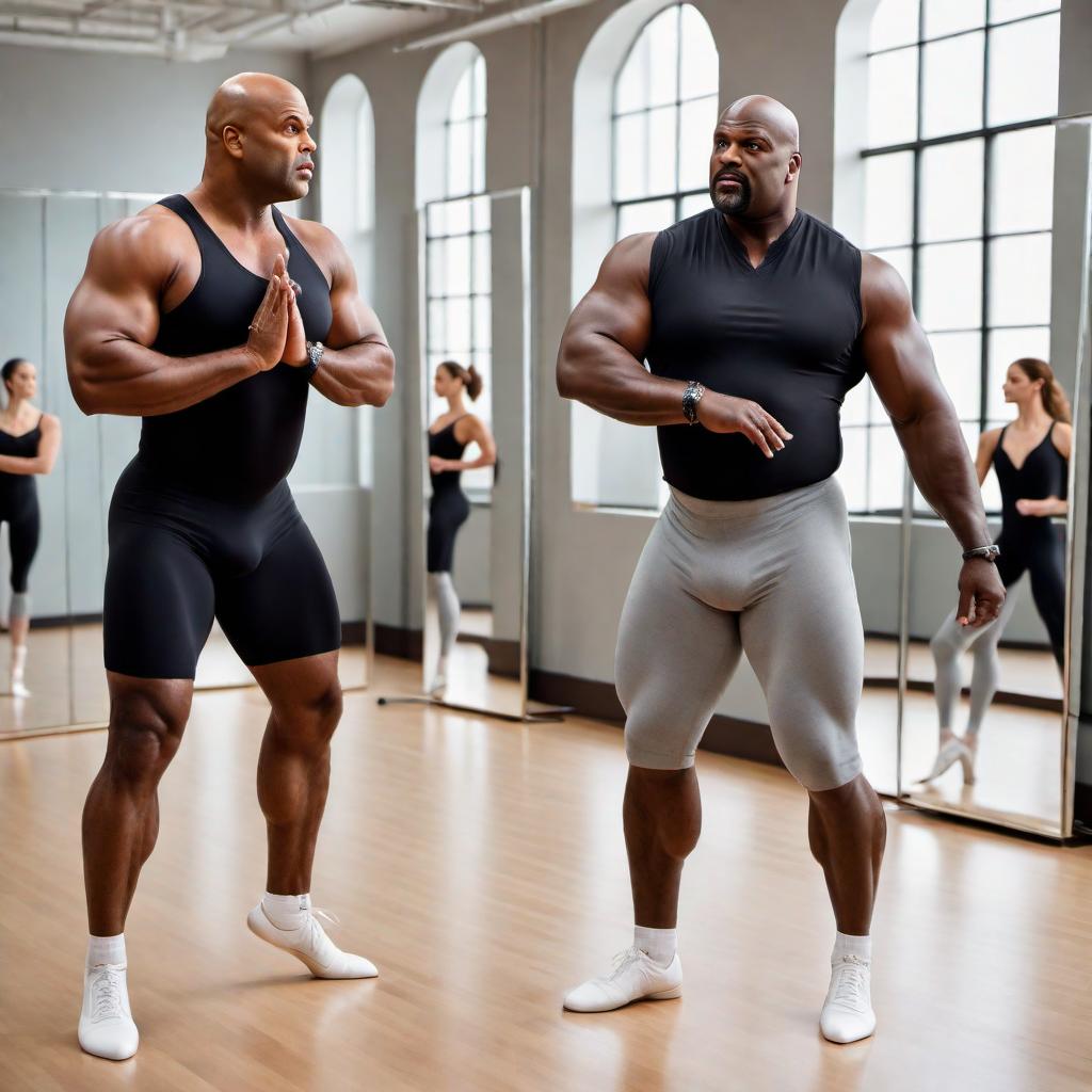  Charles Barkley and Shaquille O'Neal doing ballet in a ballet class. Both are in proper ballet attire and they are attempting to perform a ballet dance in a dance studio surrounded by mirrors and wooden barres. They wear ballet slippers and seem focused as they try to master elegant and graceful ballet moves despite their large and muscular physique. The scene should be light-hearted and humorous, capturing their personalities as they step out of their usual element. hyperrealistic, full body, detailed clothing, highly detailed, cinematic lighting, stunningly beautiful, intricate, sharp focus, f/1. 8, 85mm, (centered image composition), (professionally color graded), ((bright soft diffused light)), volumetric fog, trending on instagram, trending on tumblr, HDR 4K, 8K