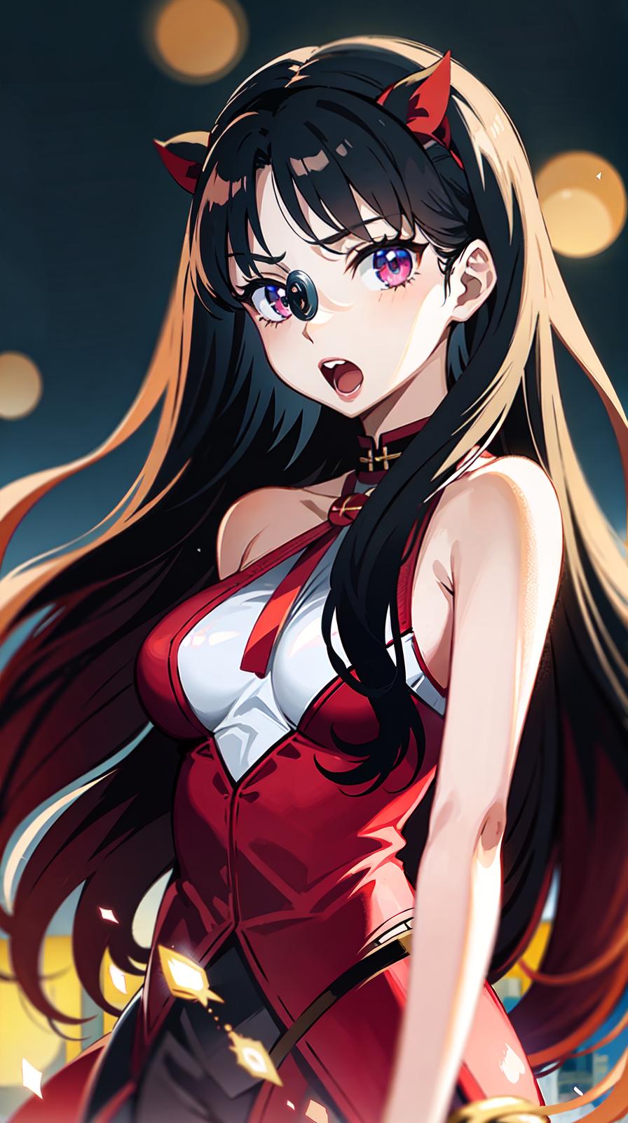  master piece , best quality,rin tohsaka, (fate), fate/stay night, cute, detailed eyes, city light glows dramatically, bokeh effect, underneath her the light particle grows, s 400 niji 6