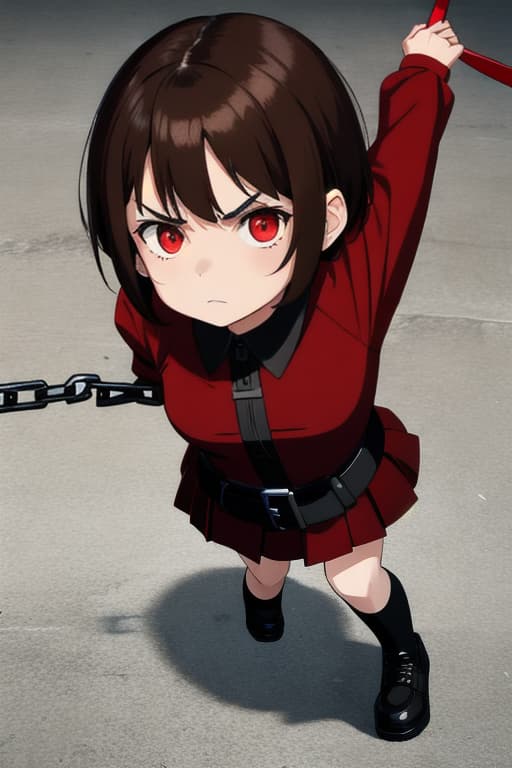  Beautiful girl, brown hair, short hair, red eyes, angry, restrained, restrained, mini, standing