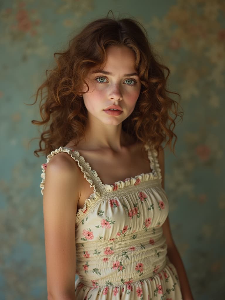  this editorial photography features a age girl, aged between 16 and 19, styled in a waves hairstyle. she is dressed in a fashion forward outfit, perfectly embodying a vintage yet contemporary fashion editorial style. this shoot captures the youthful and vint essence of a modern ager with a nod to clic fashion aesthetics.