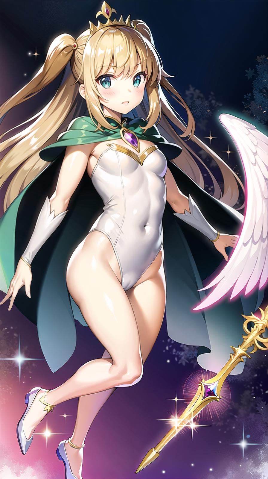  master piece , best quality,Leotard, cape, tiara, two side up hair, magic wand, angel wings, transformation, magical girl.