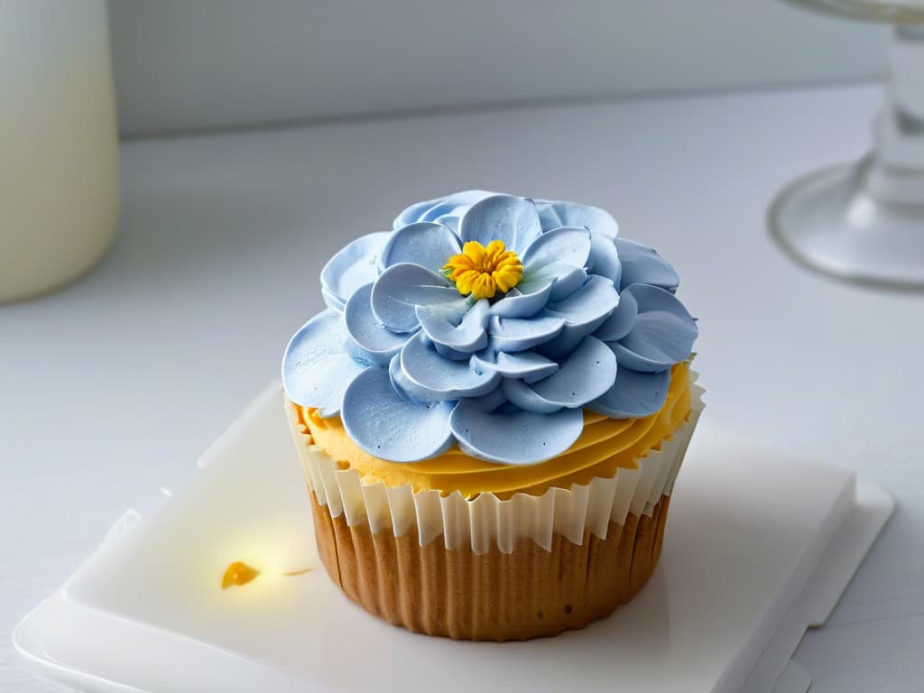  A closeup, ultradetailed image of a perfectly frosted cupcake topped with a delicate edible flower, set against a clean, white background. The frosting is meticulously piped in intricate swirls, glistening under soft lighting to highlight its glossy texture. The edible flower is vibrant in color, adding a pop of brightness to the overall composition. Every tiny detail, from the specks of sugar dusting the frosting to the delicate petals of the flower, is captured in stunning clarity, inviting viewers to appreciate the artistry and craftsmanship of pastry making. hyperrealistic, full body, detailed clothing, highly detailed, cinematic lighting, stunningly beautiful, intricate, sharp focus, f/1. 8, 85mm, (centered image composition), (professionally color graded), ((bright soft diffused light)), volumetric fog, trending on instagram, trending on tumblr, HDR 4K, 8K