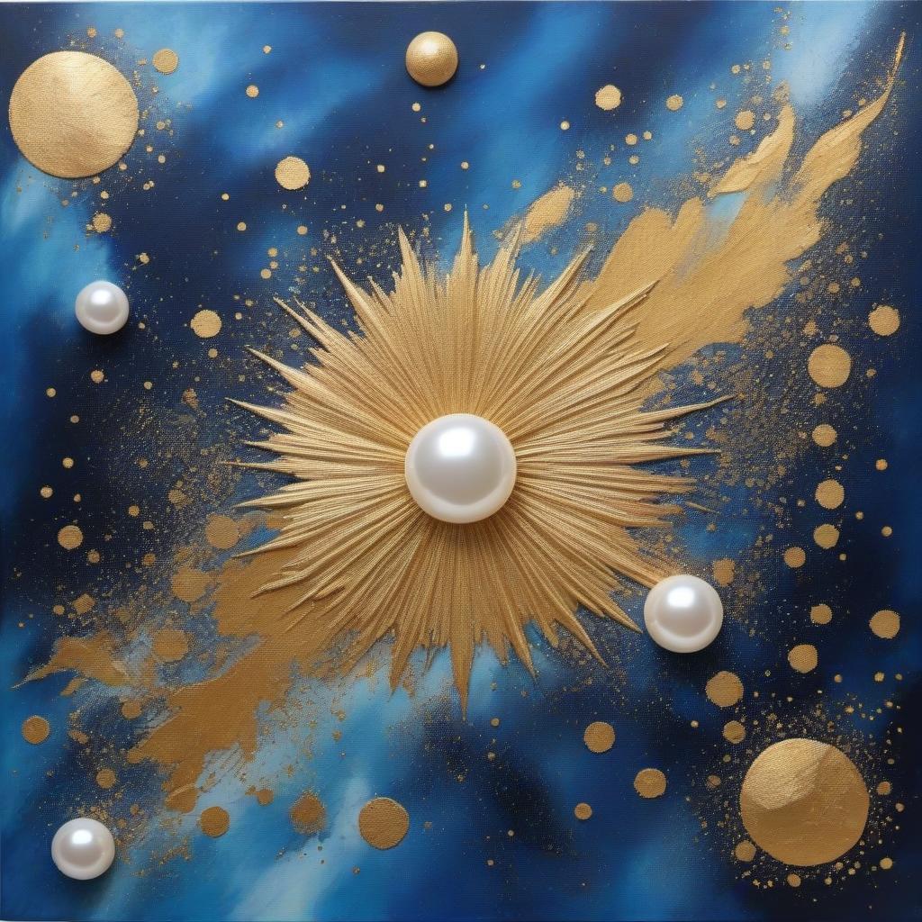  Two pearl threads, in a white blue radiance, dance in the air wriggling, against the background of cosmic galaxies, in gold, blue, with black stains color.Style expressionism