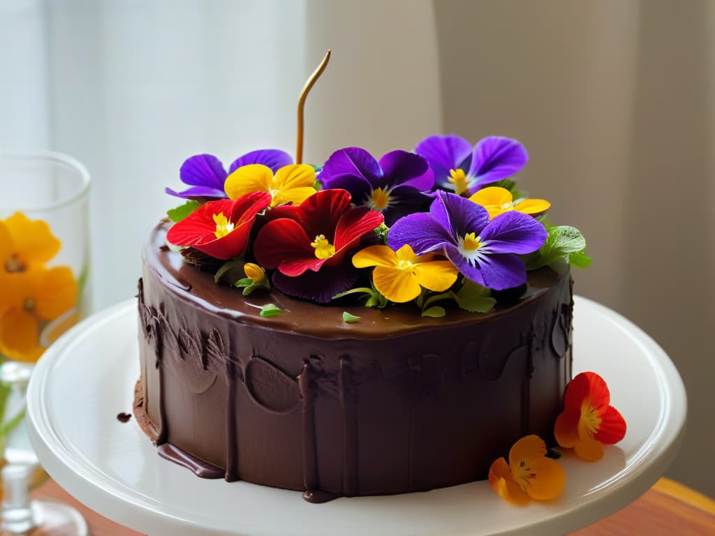  A closeup, photorealistic image of a decadent chocolate cake adorned with an array of vibrant edible flowers such as pansies, violets, and nasturtiums delicately placed on top. The flowers are in full bloom, showcasing their intricate details and vivid colors against the rich, glossy chocolate frosting. The soft natural light illuminates the dessert, highlighting the textures of the cake and the delicate petals of the flowers, creating a visually stunning and appetizing composition. hyperrealistic, full body, detailed clothing, highly detailed, cinematic lighting, stunningly beautiful, intricate, sharp focus, f/1. 8, 85mm, (centered image composition), (professionally color graded), ((bright soft diffused light)), volumetric fog, trending on instagram, trending on tumblr, HDR 4K, 8K