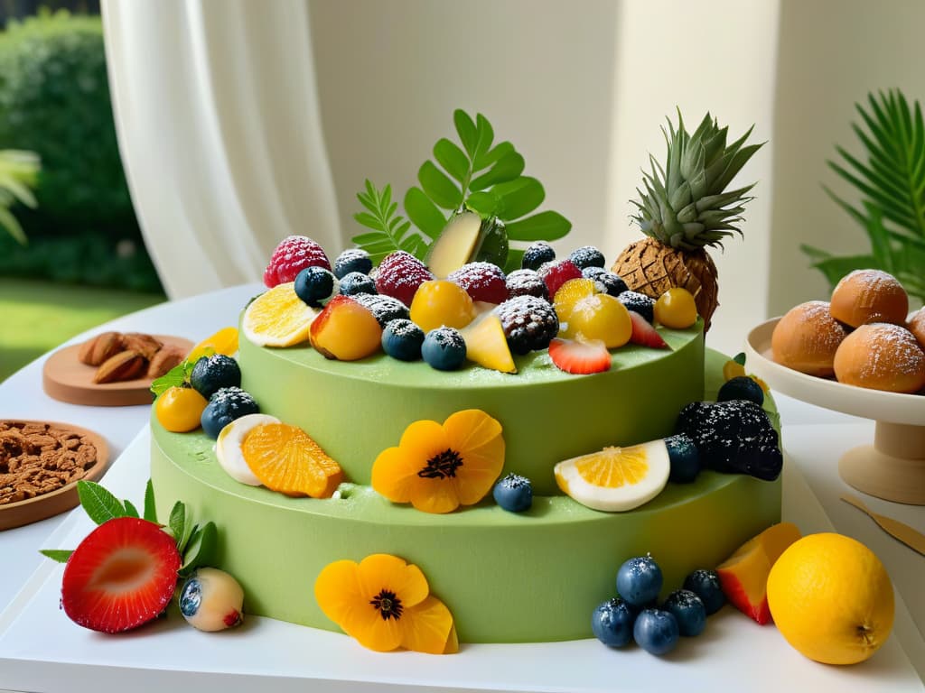  An 8k ultradetailed image of a beautifully arranged zero waste dessert table, featuring an assortment of elegant and intricately designed pastries and cakes made with sustainable, locally sourced ingredients. Each dessert is meticulously presented on ecofriendly serving ware, surrounded by fresh fruits and herbs as garnishes. The color palette is earthy and natural, with a focus on muted greens, browns, and creams to convey a sense of organic elegance and sophistication. The lighting is soft and diffused, casting gentle shadows that enhance the texture and details of each dessert, making them look almost too perfect to eat. hyperrealistic, full body, detailed clothing, highly detailed, cinematic lighting, stunningly beautiful, intricate, sharp focus, f/1. 8, 85mm, (centered image composition), (professionally color graded), ((bright soft diffused light)), volumetric fog, trending on instagram, trending on tumblr, HDR 4K, 8K